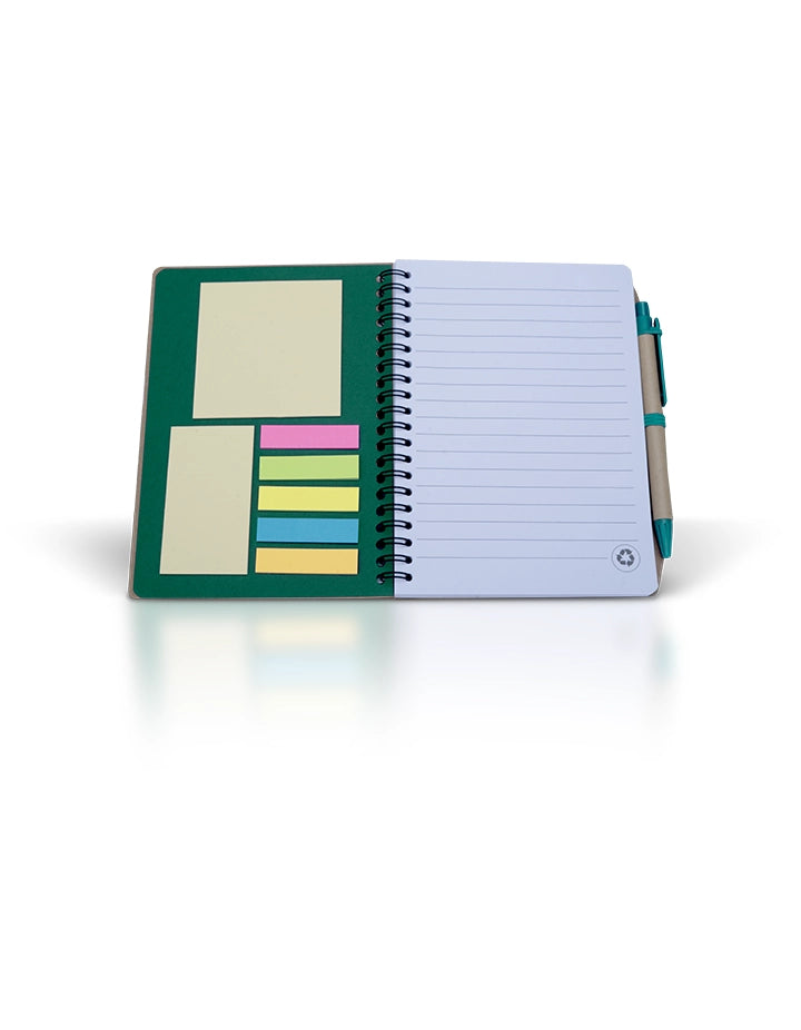 Kraft Green Notebook with Sticky Notes & Pen – 80 Sheets – Recycled Paper Stationery Set